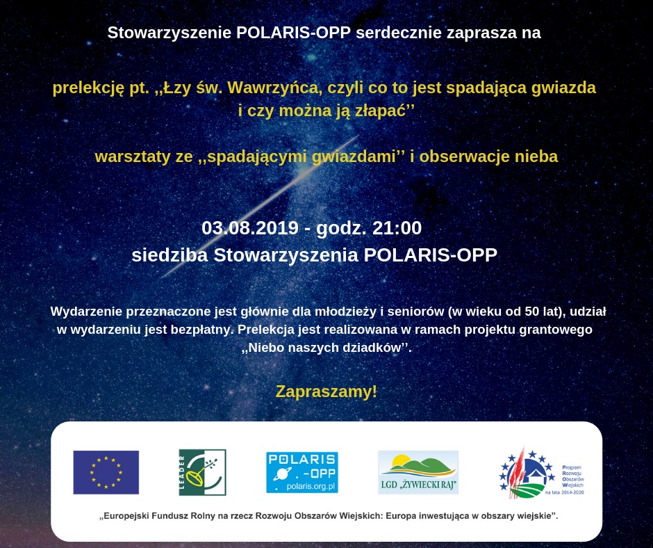Zapraszamy na prelekcję - 3 sierpnia 2019r., godz. 21:00.